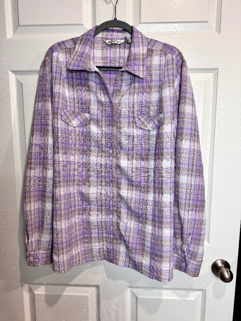 Ladies Orvis Long Sleeve Purple Plaid Poly Blend Shirt, Size XL, GUC
